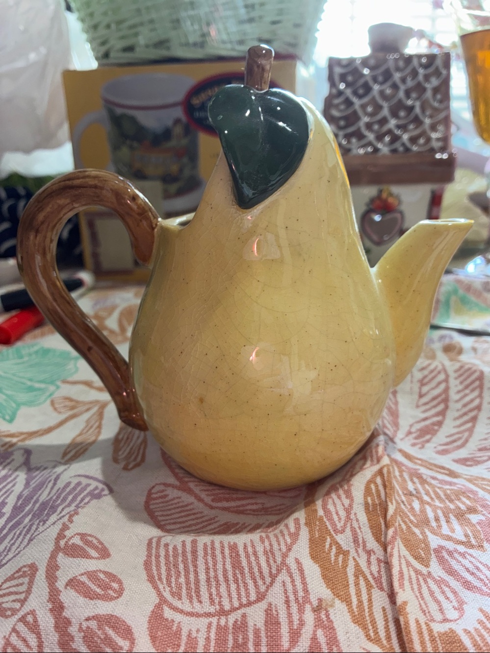 Russ Berrie 1980s Pear 🍐 Creamer. 6”x6.5”.  Yellow w/brown handle & green leaf.